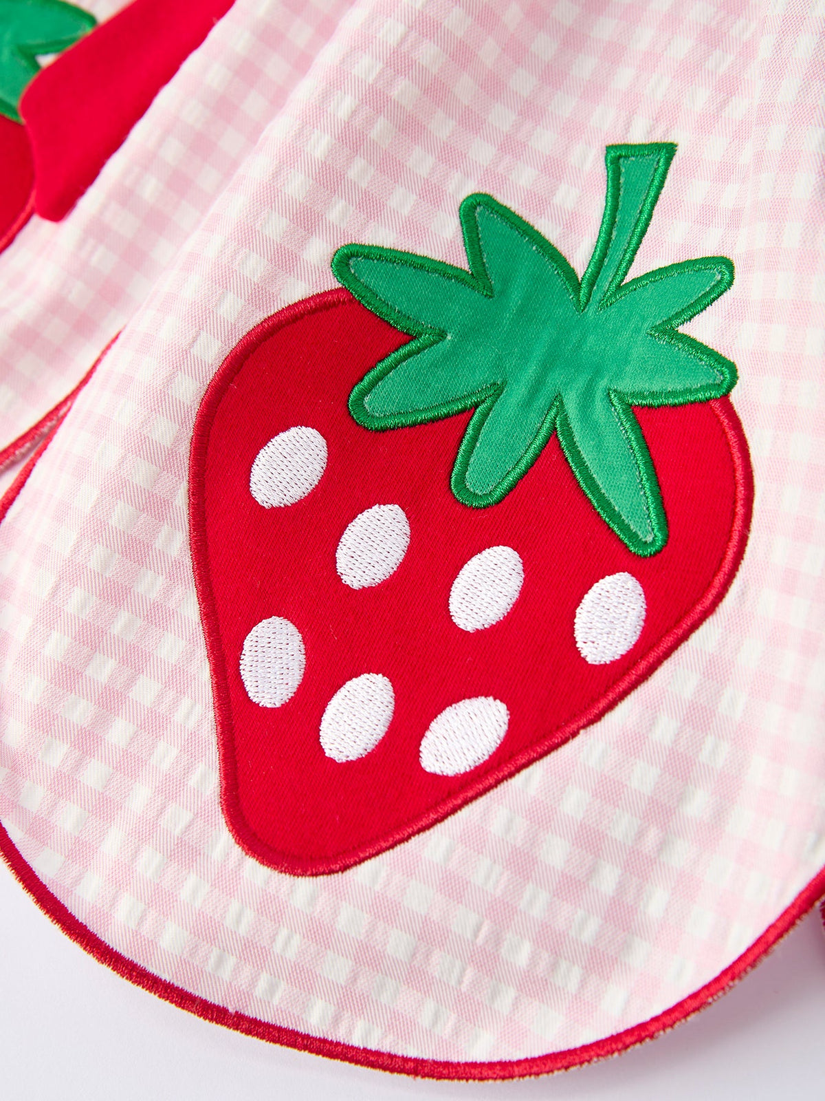 Rylee Faith Designs girls strawberry applique shorts set in pink gingham for toddlers with red and green strawberry detail