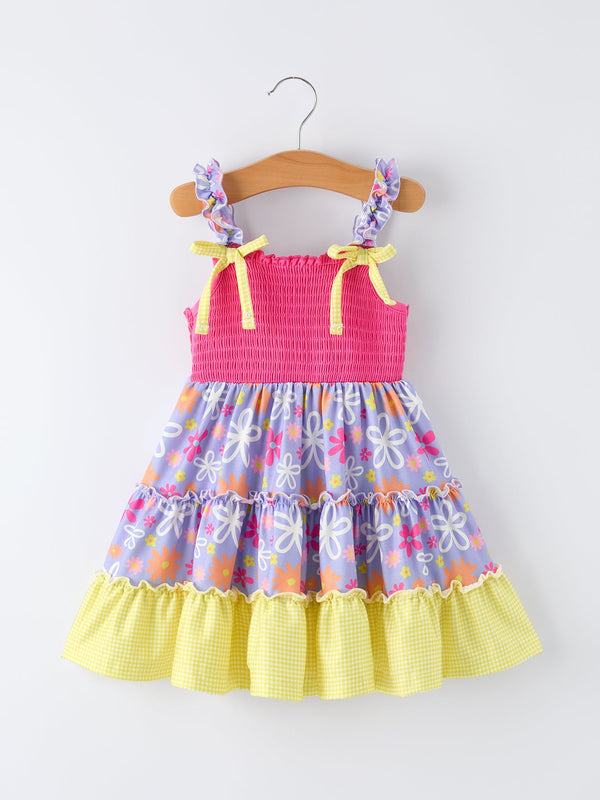 Rylee Faith Designs girls summer floral smocked dress in pink purple and yellow with ruffled straps for young girls