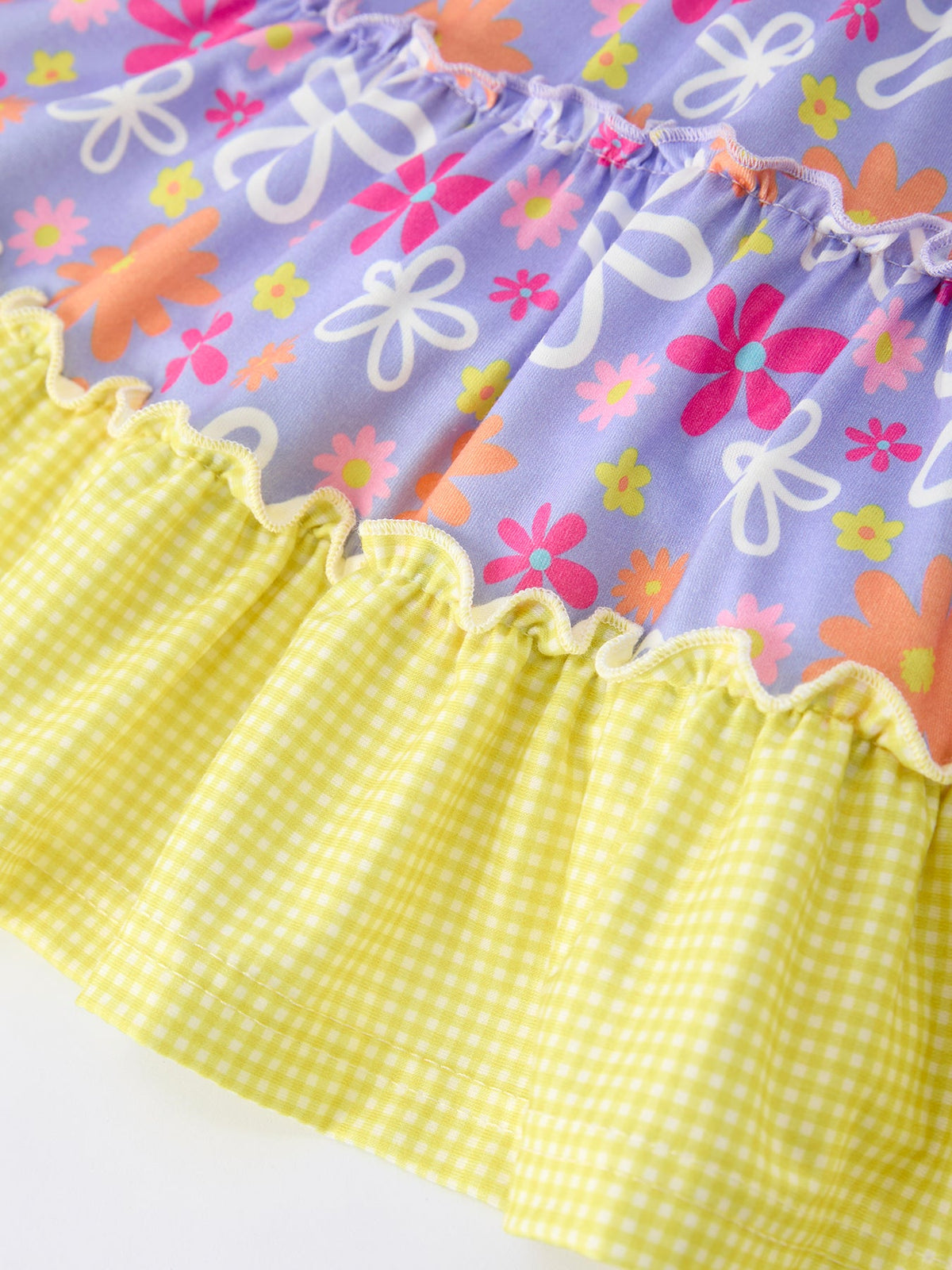 Rylee Faith Designs girls summer floral smocked dress with purple and yellow floral and gingham pattern