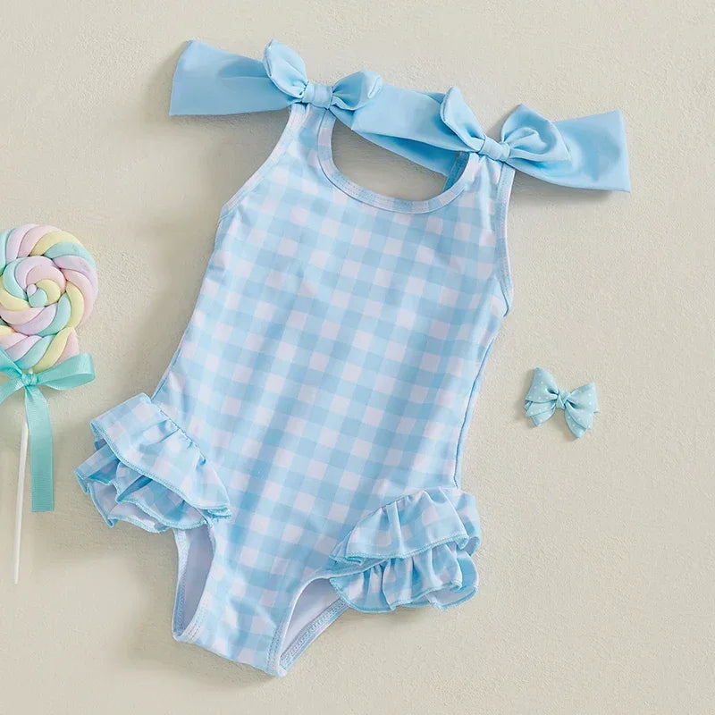 girls light blue checkered swimsuit with shoulder bows and ruffle details for toddlers