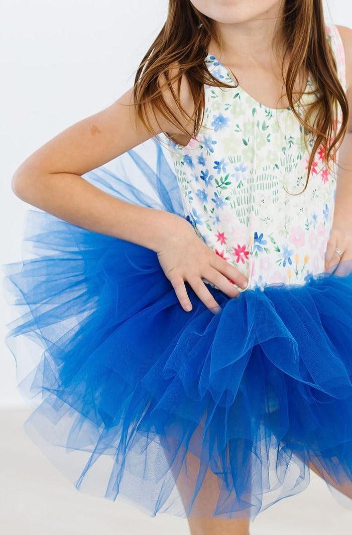 Mila & Rose girls tank tutu leotard with floral print top and bright blue tutu skirt for kids