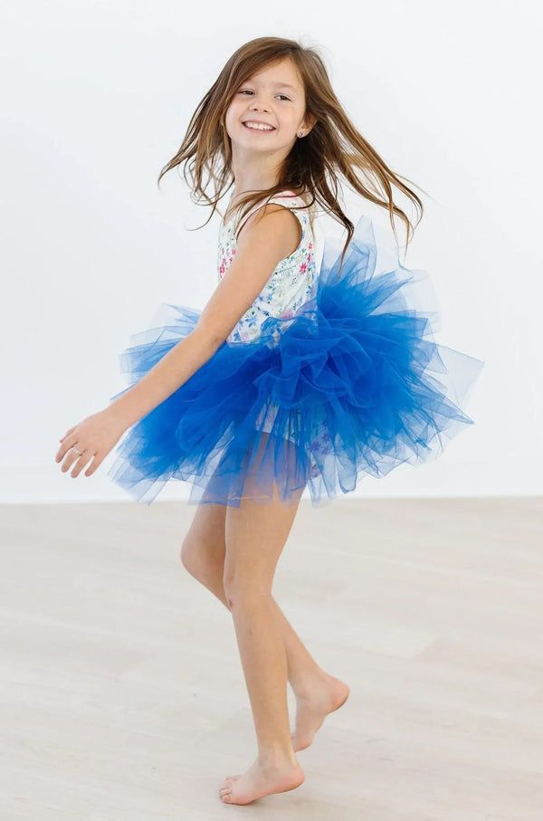 Girls tank tutu leotard with blue tutu skirt and floral top for young girls