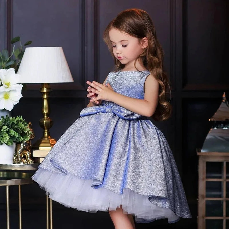 Girls blue glitter girls tiered party dress with bow detail and tulle underskirt for toddlers