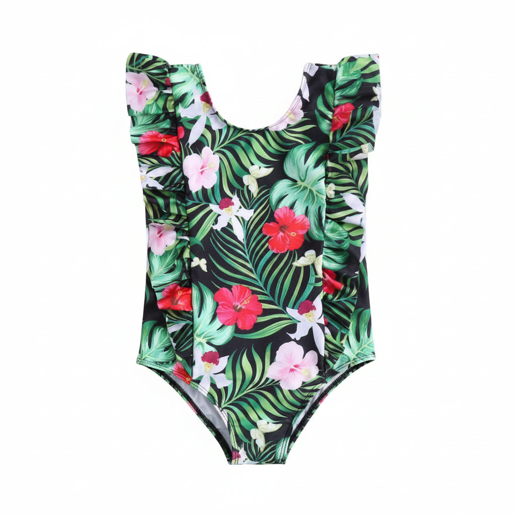 girls tropical one-piece swimsuit with green leaf and red flower print, ruffle sleeves for kids