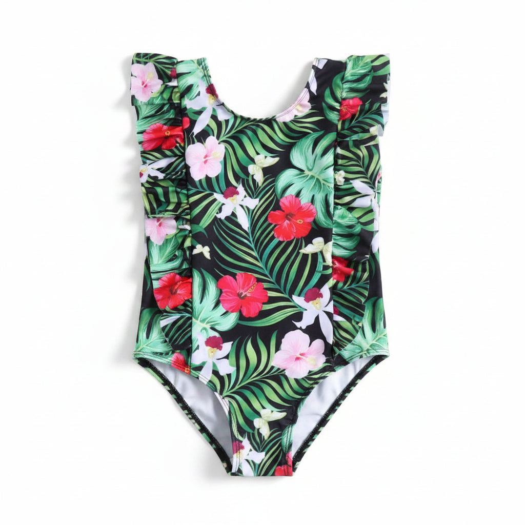 girls tropical one-piece swimsuit with green and pink floral print and ruffle sleeves for toddlers