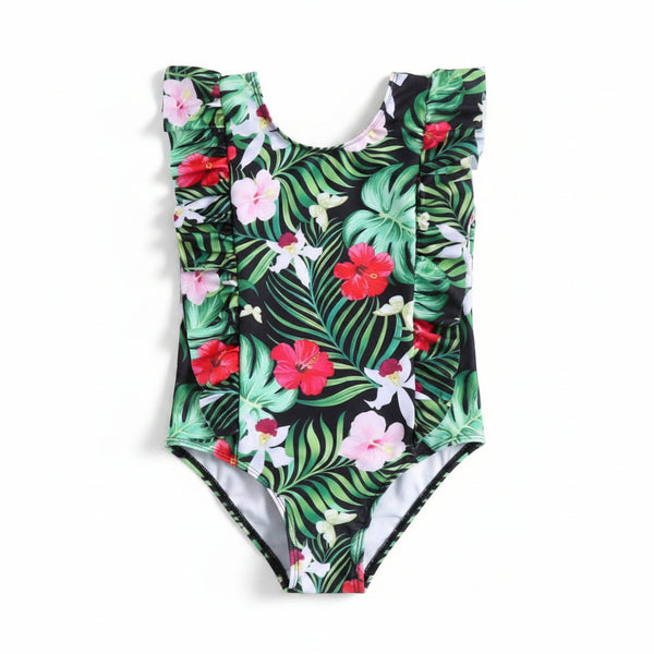 girls tropical one-piece swimsuit with green and pink floral print and ruffle sleeves for toddlers