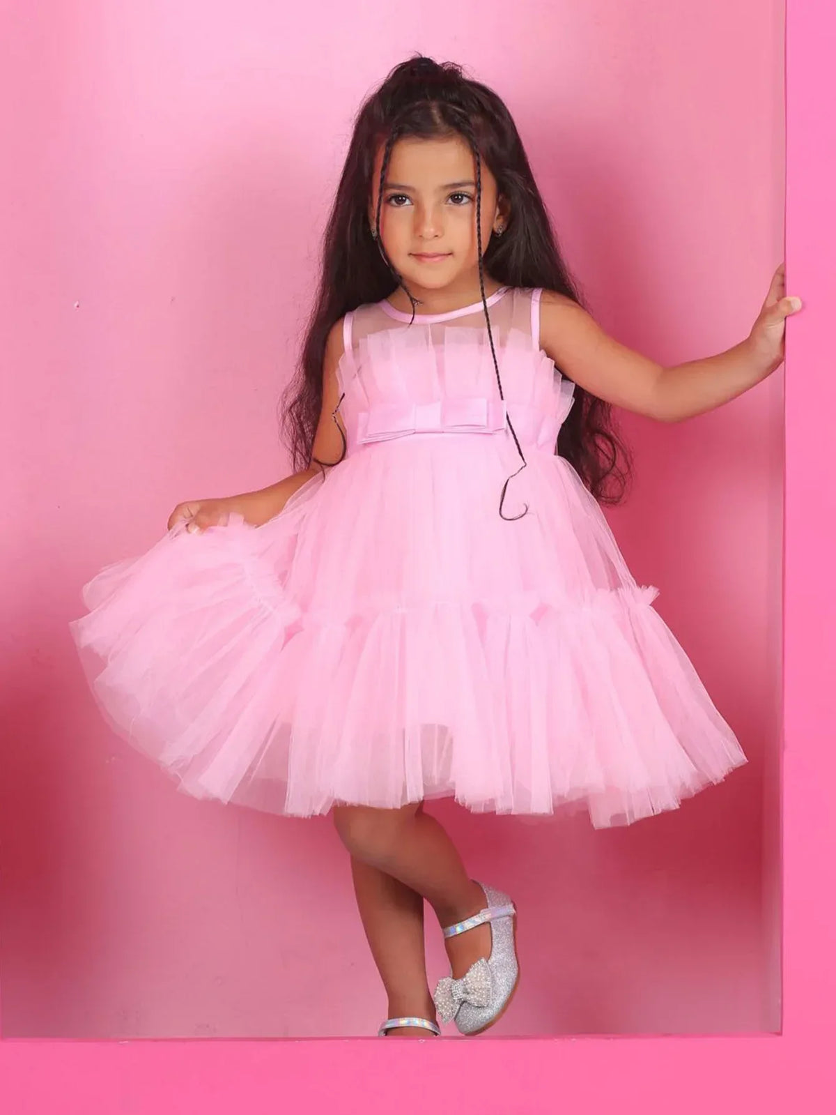 Girls pink tulle occasion dress with sleeveless bodice for toddler and young girls