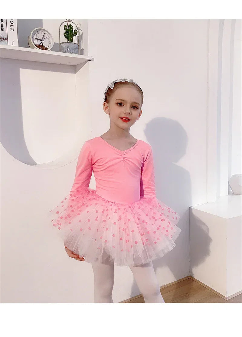 Pink girls tutu dress with long sleeves and polka dot tulle skirt for toddlers