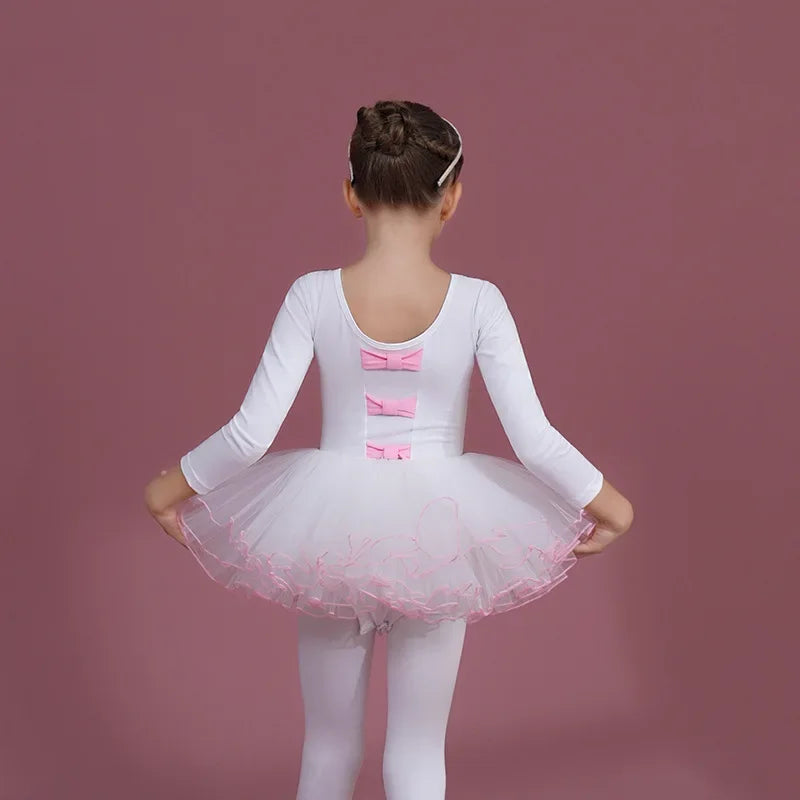 girls white tutu dress with pink bows and long sleeves for toddlers