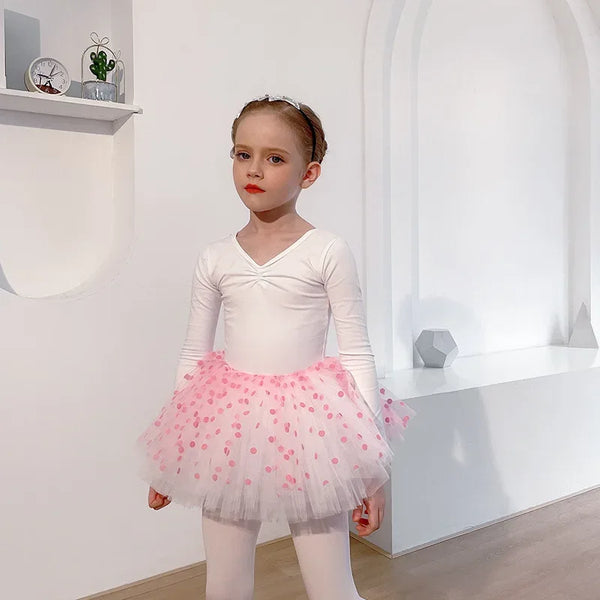 Girls tutu dress in white with pink polka dot tulle skirt, long sleeve, for young children