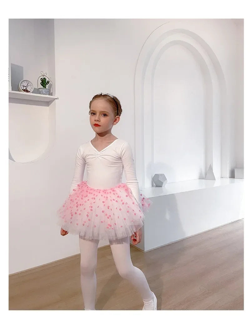Pink girls tutu dress with polka dots for toddlers, long sleeve white leotard included