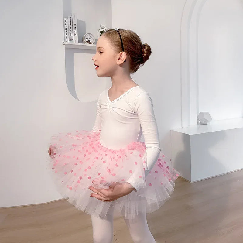 Girls pink polka dot tutu dress with long sleeves for toddlers and kids