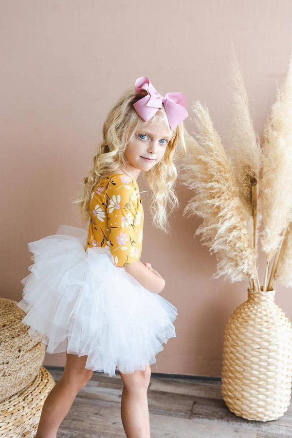Girls tutu leotard dance outfit with white tulle skirt and mustard floral 3/4 sleeve top for young girls