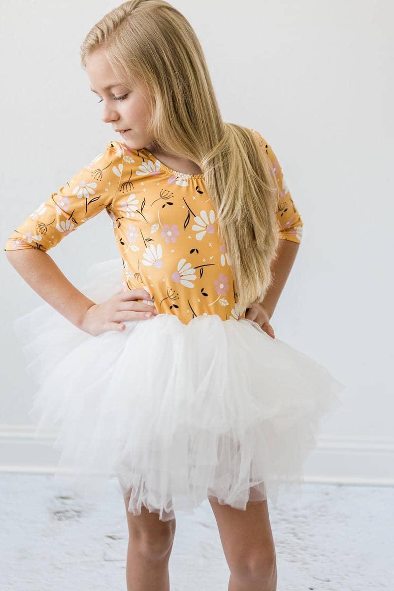 Girls tutu leotard dance outfit in yellow floral print with 3/4 sleeves and white tulle skirt for kids