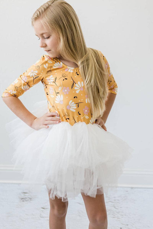 Girls tutu leotard dance outfit in yellow floral print with 3/4 sleeves and white tulle skirt for kids