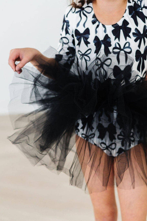 Girls black and white tutu leotard 3/4 sleeve with bows and black tulle skirt for toddlers