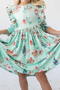 girls mint green twirl dress with Christmas print and 3/4 ruffle sleeves