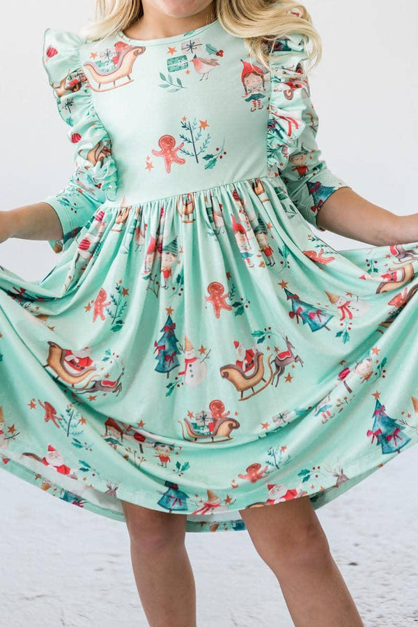 girls mint green twirl dress with Christmas print and 3/4 ruffle sleeves
