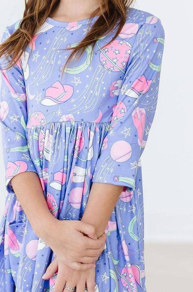 Girls purple Mila and Rose twirl dress with  sleeves and pink space-themed print