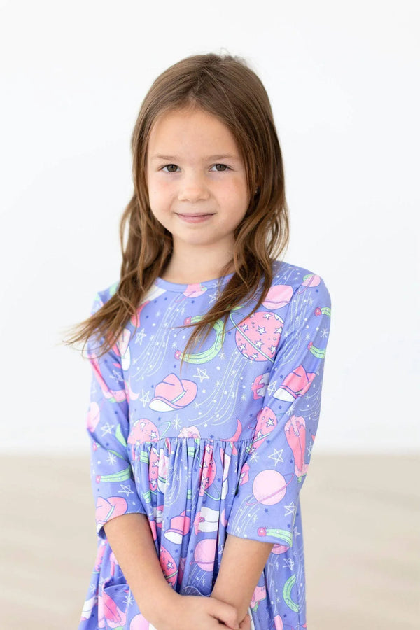 Girls lavender girls twirl dress with sleeves and colorful space print for young children