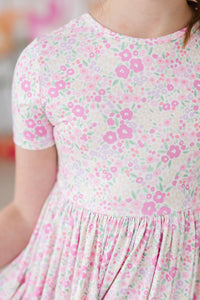 Girls pastel pink floral twirl dress with pockets short sleeve by Mila and Rose