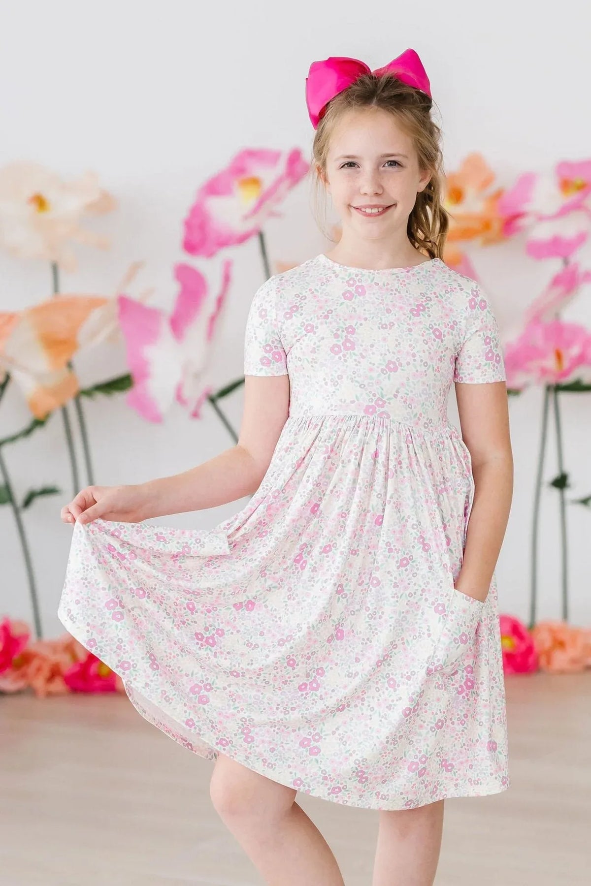 White and pink floral girls twirl dress with pockets short sleeve for young girls