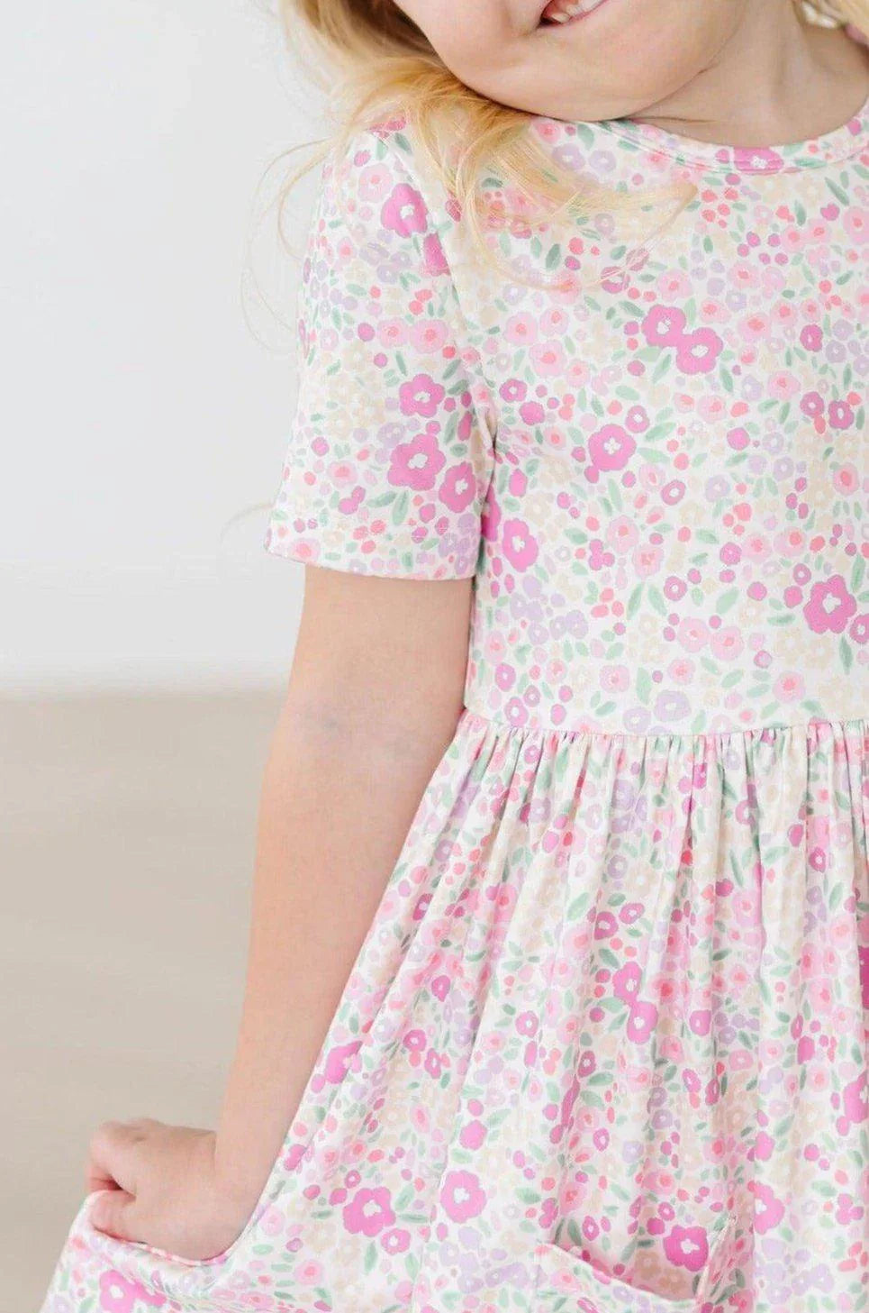 Girls pink floral twirl dress with pockets short sleeve comfortable fit