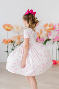 Girls pink floral twirl dress with pockets short sleeve dress for young girls by Mila & Rose