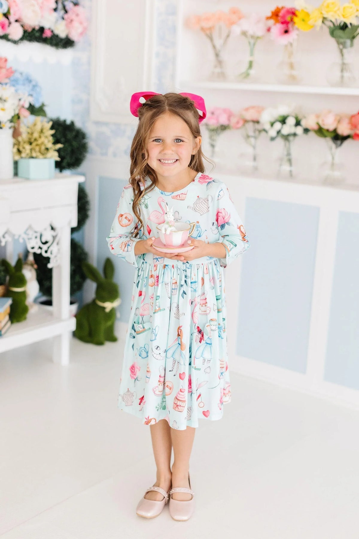Light blue girls twirl dress with pockets featuring colorful dessert prints, long sleeve, size for young girls
