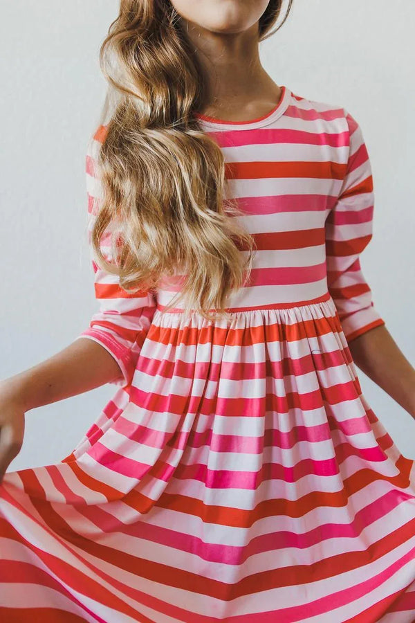 Girls pink and red striped twirl pocket dress 3/4 sleeve for young girls
