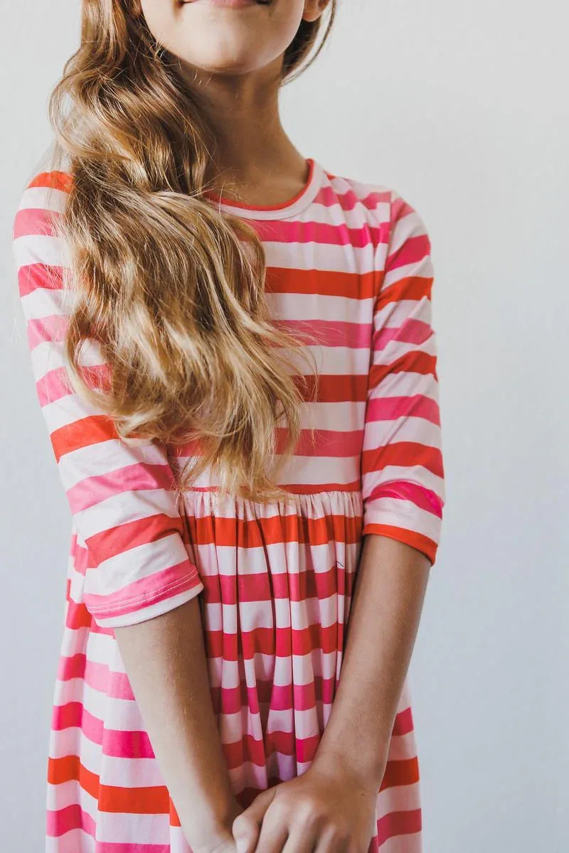 Girls pink and red striped twirl pocket dress with 3/4 sleeves by Mila & Rose