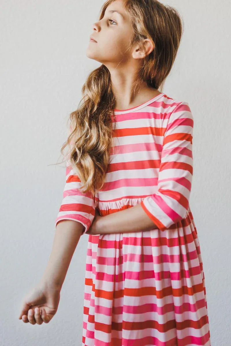 Girls pink and red striped twirl pocket dress 3/4 sleeves girls twirl dress with pockets