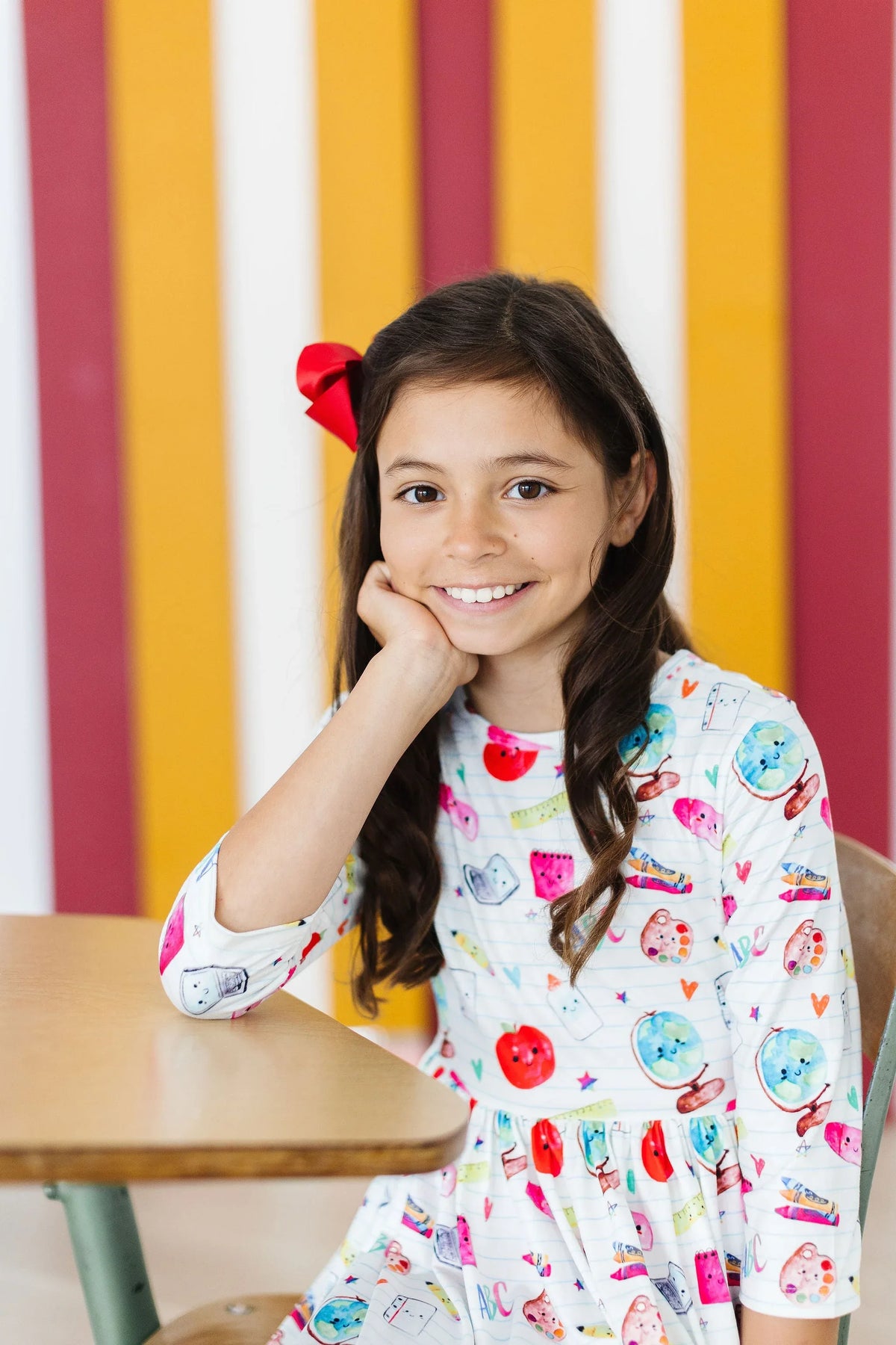Girls twirl dress with pockets in white with colorful cartoon print, 3 4 sleeve for kids
