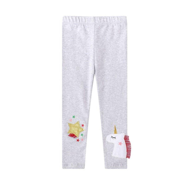 Girls light gray unicorn leggings with gold star and unicorn applique for toddlers