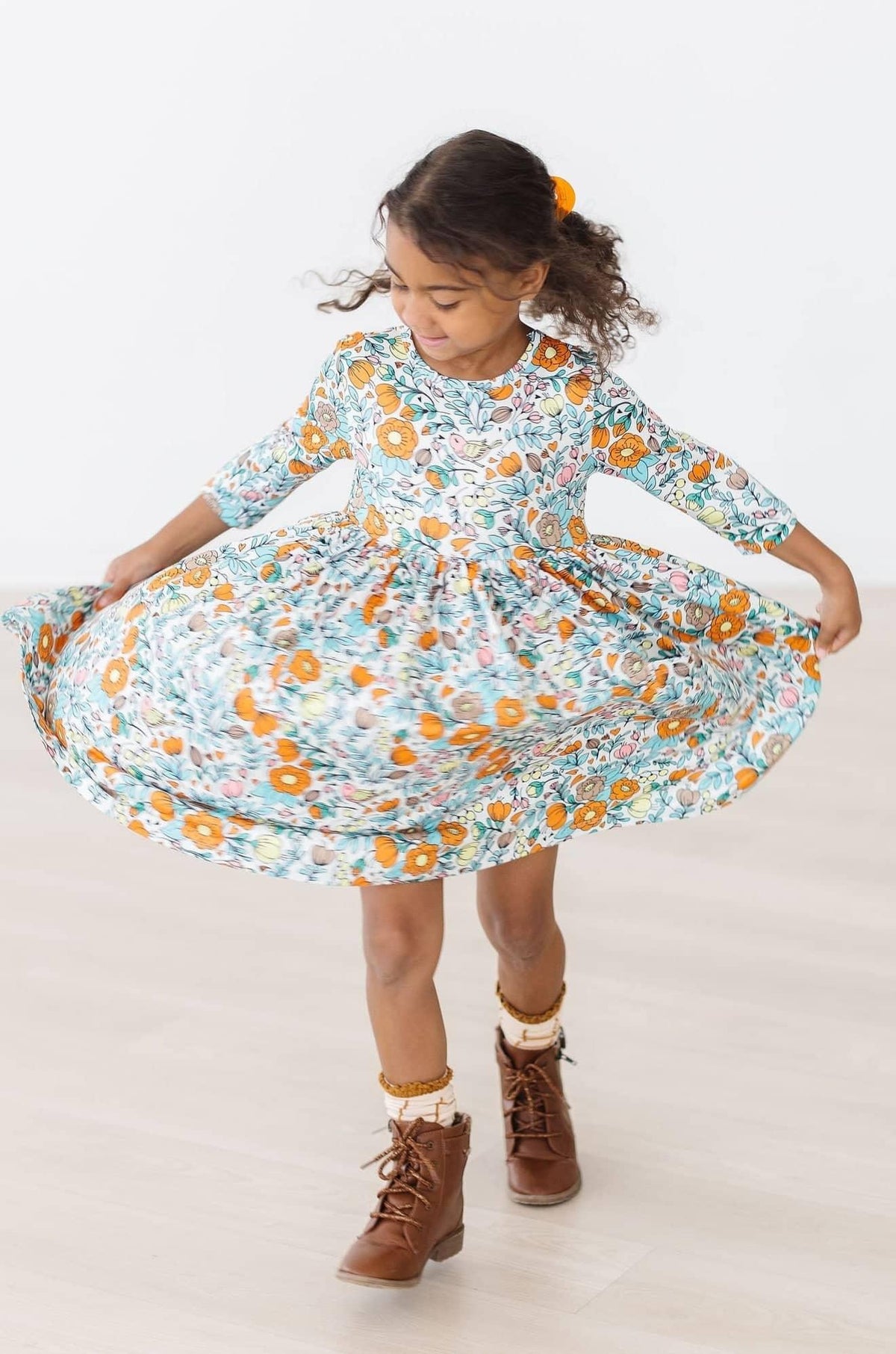 Girls vintage twirl dress in floral print with 3/4 sleeves for toddlers by Mila Rose