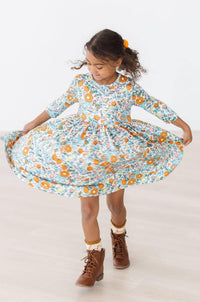 Girls vintage twirl dress in floral print with 3/4 sleeves for toddlers by Mila Rose