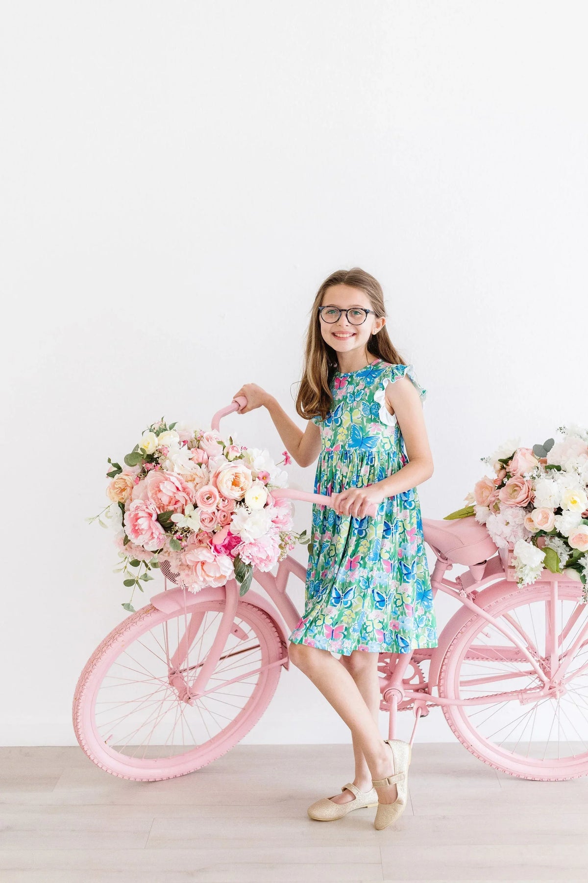 Girls watercolor butterfly dress by Mila Rose in blue green with flutter sleeves, age 6-8, twirl dress