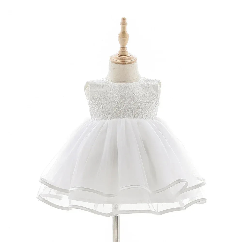 girls white lace occasion dress with sleeveless bodice and layered tulle skirt for toddlers