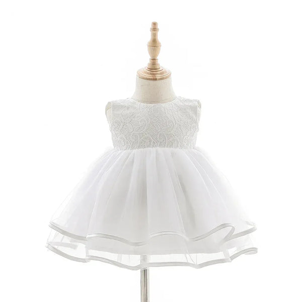 girls white lace occasion dress with sleeveless bodice and layered tulle skirt for toddlers