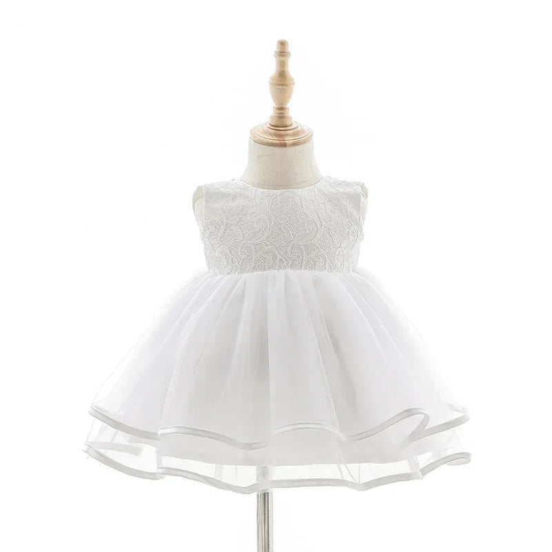 girls white lace occasion dress with sleeveless bodice and layered tulle skirt for toddlers