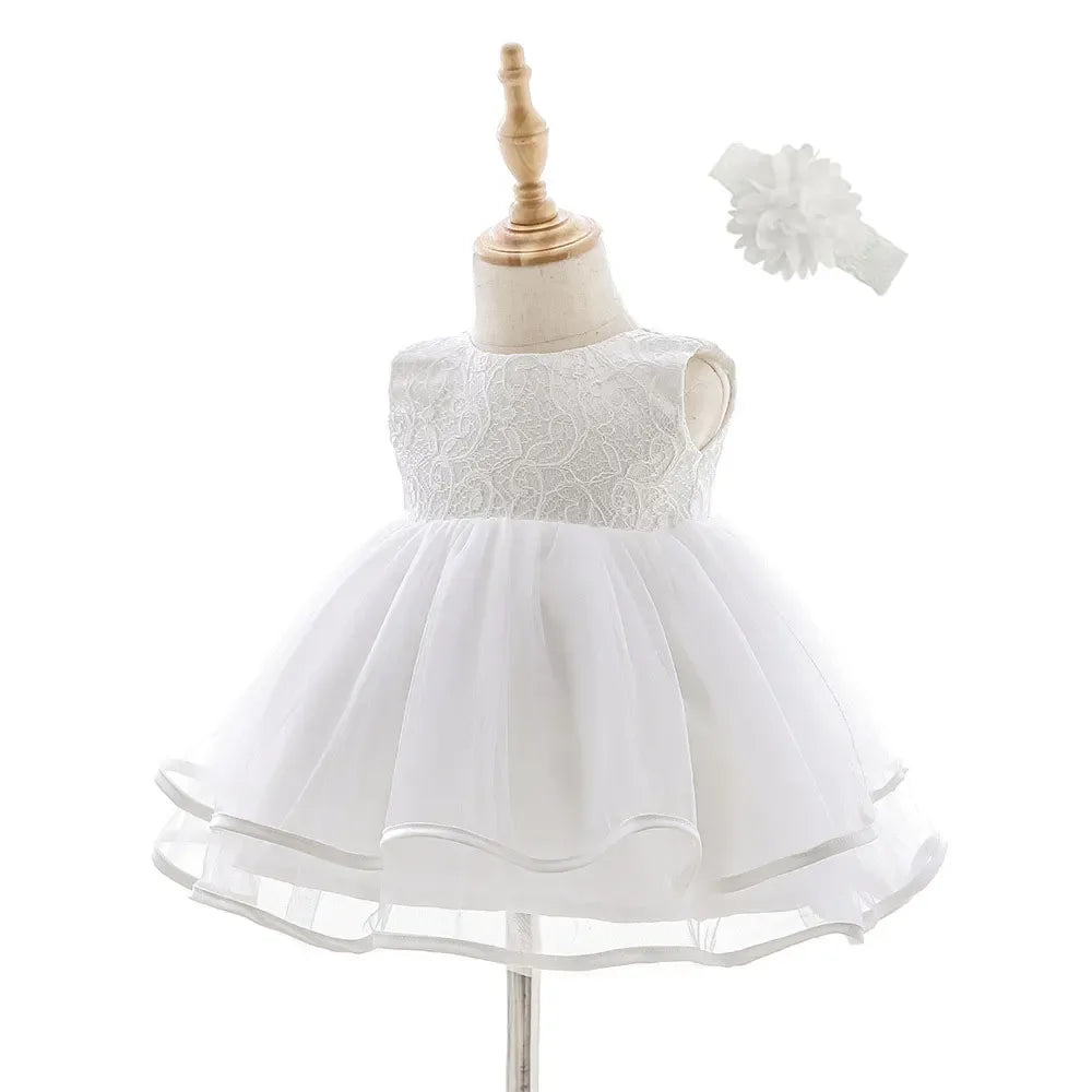 girls white lace occasion dress with sleeveless bodice and full tulle skirt for babies and kids