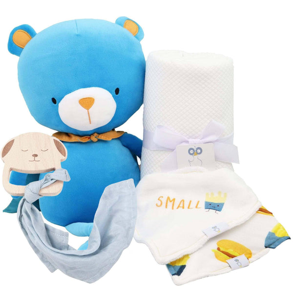 Blue plush bear toy with white blanket and baby bib set in assorted colors newborn baby gift set