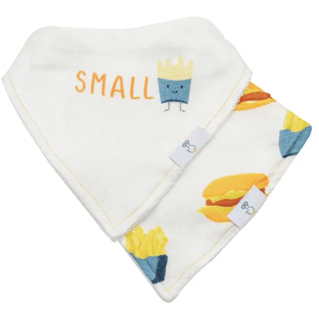 Goosewaddle baby gift set with white and yellow toddler bibs featuring fries and burger designs