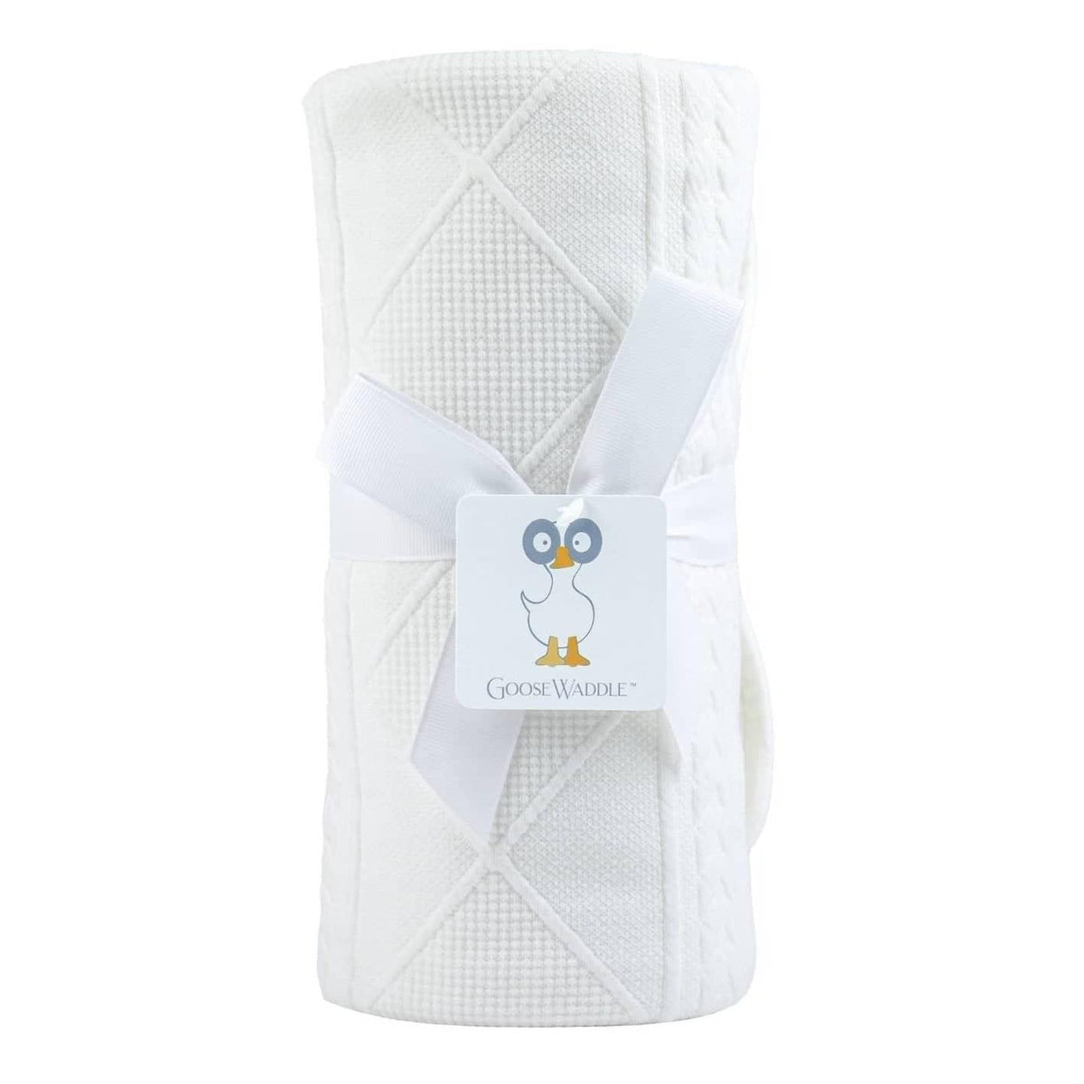 Goosewaddle white newborn baby blanket with textured knit pattern baby gift set