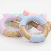 Blue bear teether with natural wood ring and soft silicone in pastel blue by Goosewaddle