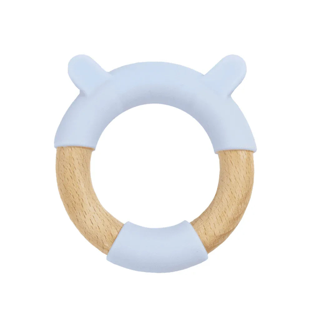 Blue bear teether made of light blue silicone and natural wood ring for babies