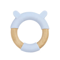 Blue bear teether made of light blue silicone and natural wood ring for babies