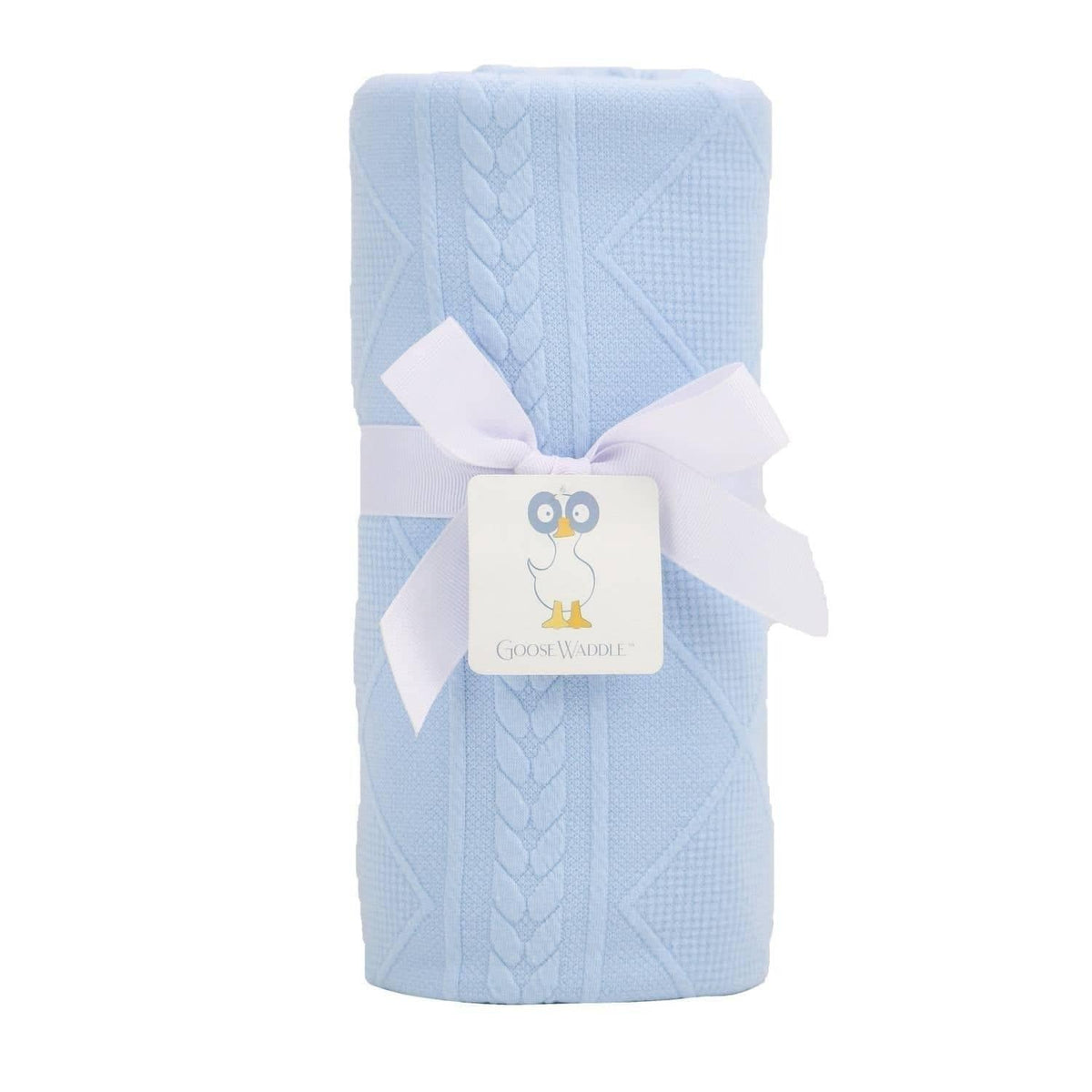 blue knit baby blanket rolled and tied with white ribbon suitable for newborns