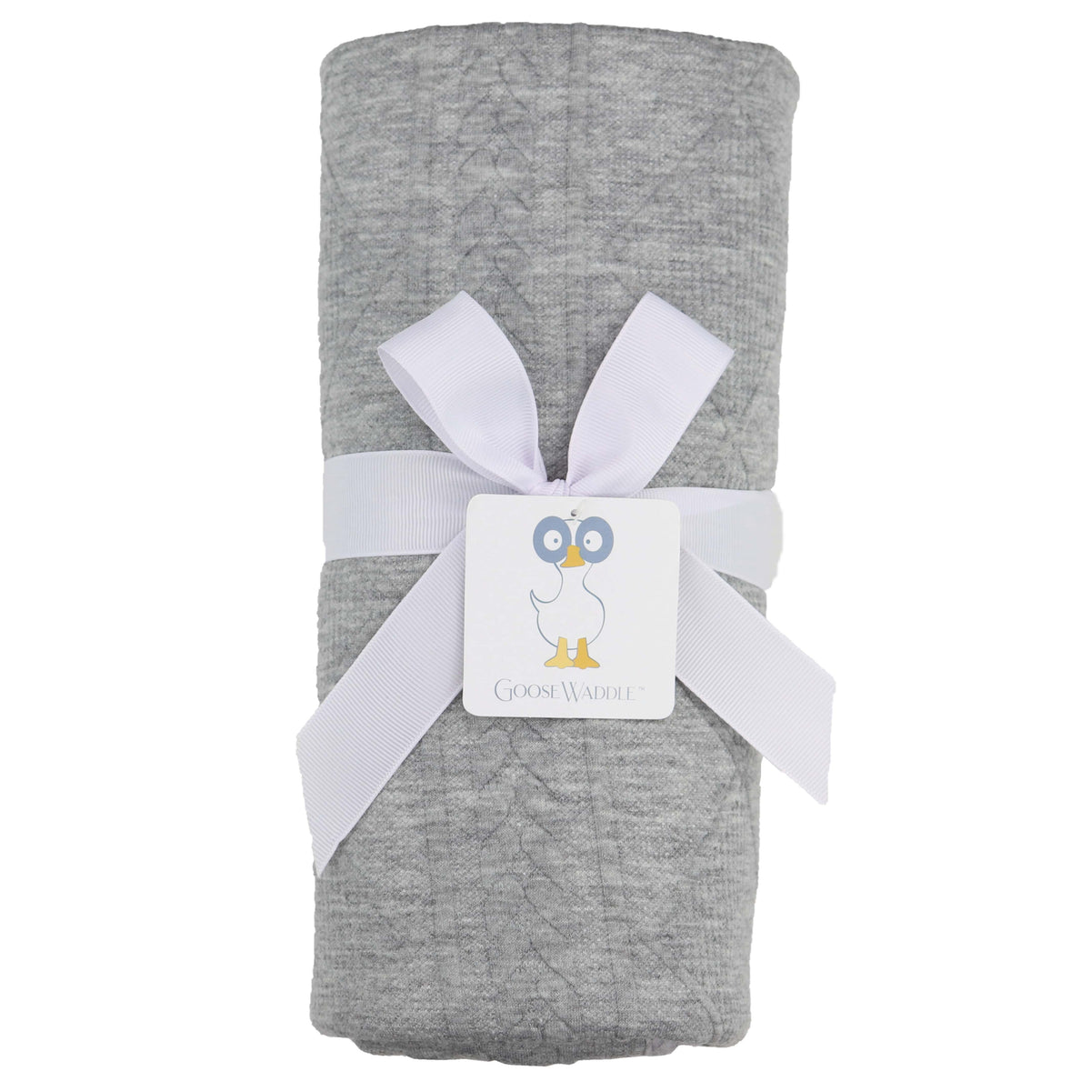 Goosewaddle gray newborn baby blanket gift set with white ribbon and duck logo tag