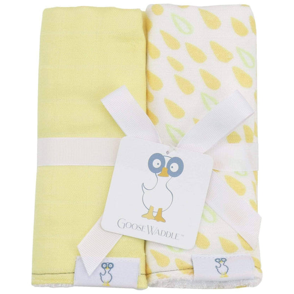 Goosewaddle muslin and terry cloth burp cloths set in yellow and white with raindrop pattern for newborns